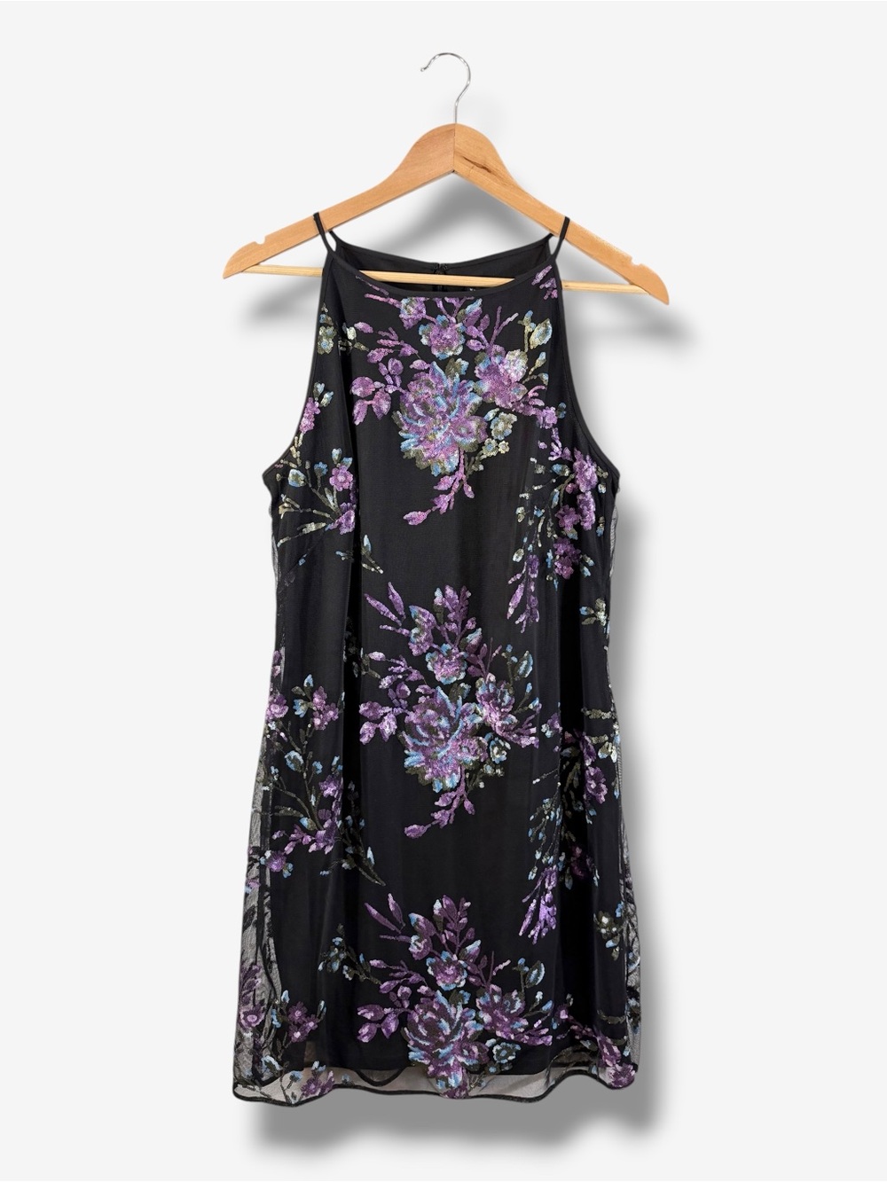White House Black Market Floral Sequin Mesh Halter Shift Dress Size 10 Cocktail